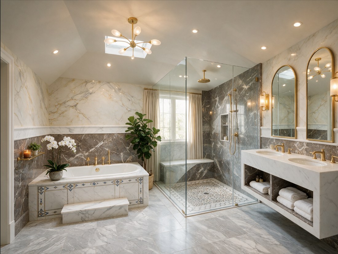 Renovated bathroom with walk-in shower and freestanding tub by Nassau Roofing and Remodeling