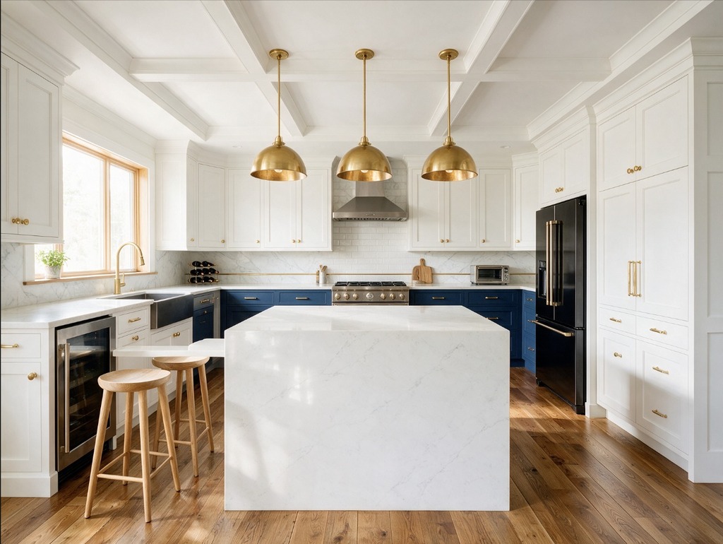 Renovated kitchen with quartz island by Nassau Roofing and Remodeling